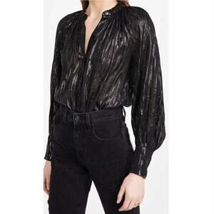 Rebecca Taylor Safari Silk Black Metallic Tiger Print Ruffle Blouse Size 6